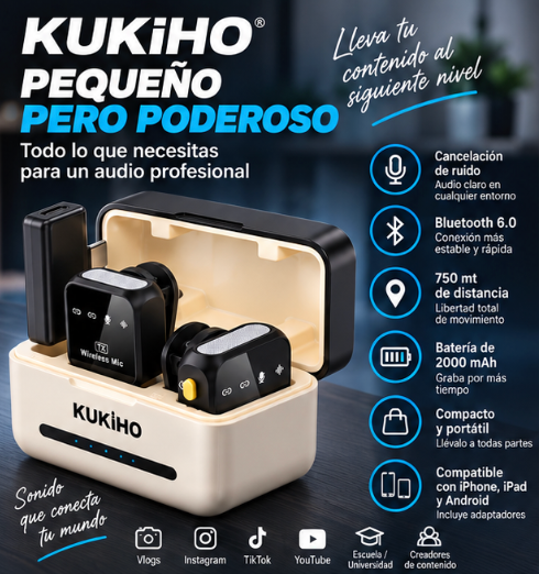 KUKIHO Wireless Micrófono de solapa inalámbrico para iPhone, iPad y Android con estuche de carga; cancelacion de ruido, Bluetooth 6.0, 750 mt de distancia, ideal para creadores, vlogs, videos de la escuela/universidad