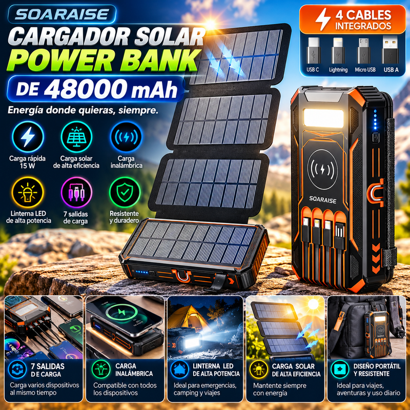 SOARAISE Cargador solar Power Bank de 48000 mAh, cargador portátil inalámbrico con 4 cables integrados y 7 salidas, Power Bank portátil de carga rápida de 15 W con USB C, paquete de baterías con linterna para todos los dispositivos móviles