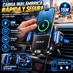 Soporte para teléfono de coche con carga inalámbrica BiLOLLY – Accesorio para automóvil, potencia de 15 W, rotación de 90°, clip de gancho para rejilla de ventilación (plástico/metal), liberación con un botón, y carga inalámbrica.