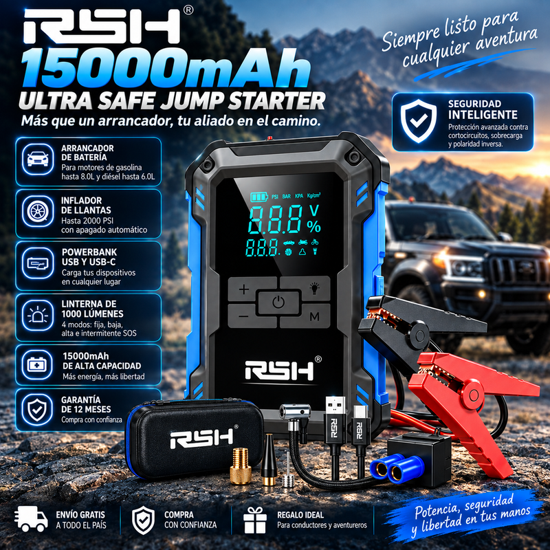 RSH 15000mAh Ultra Safe Jum Starter, arrancador de bateria, inlfador de llantas a 2000 psi, powerbank tipo c y usb, linterna de 1000 lumens con funcion graduable a intermitente, garantia de 12 meses incluida