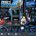 RSH 15000mAh Ultra Safe Jum Starter, arrancador de bateria, inlfador de llantas a 2000 psi, powerbank tipo c y usb, linterna de 1000 lumens con funcion graduable a intermitente, garantia de 12 meses incluida