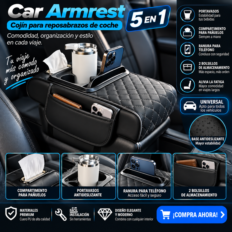 Car Armrest Cojín para reposabrazos de coche, funda para consola central 5 en 1 con 2 bolsillos de almacenamiento, portavasos, compartimento para pañuelos y ranura para teléfono; Alivia la fatiga al conducir, UNIVERSAL apto para todos los vehículos