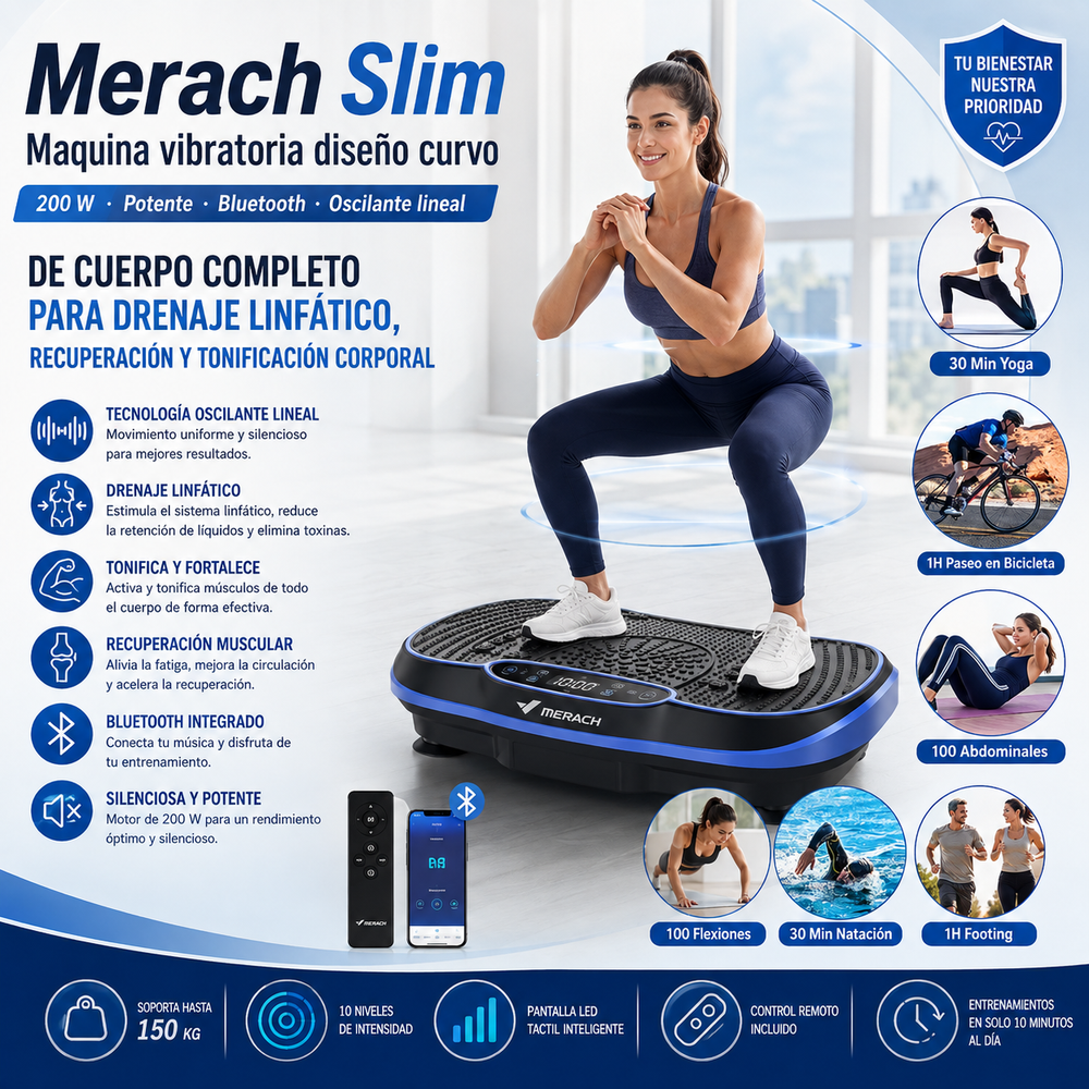 Merach Slim Maquina vibratoria diseño curvo, 200 W, potente, Bluetooth, oscilante lineal de cuerpo completo para drenaje linfático, recuperación y tonificación corporal
