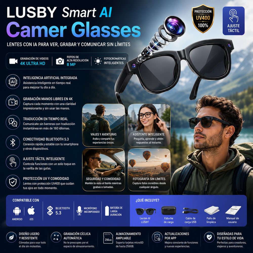 LUSBY Smart AI Camer Glasses - lentes con IA, grabación de videos en 4K,  fotocromáticas de 8 MP, ajuste táctil, ideales para viajes y aventuras al aire libre, fotografía manos libres, traducción en tiempo real, conectividad Bluetooth y protección UV