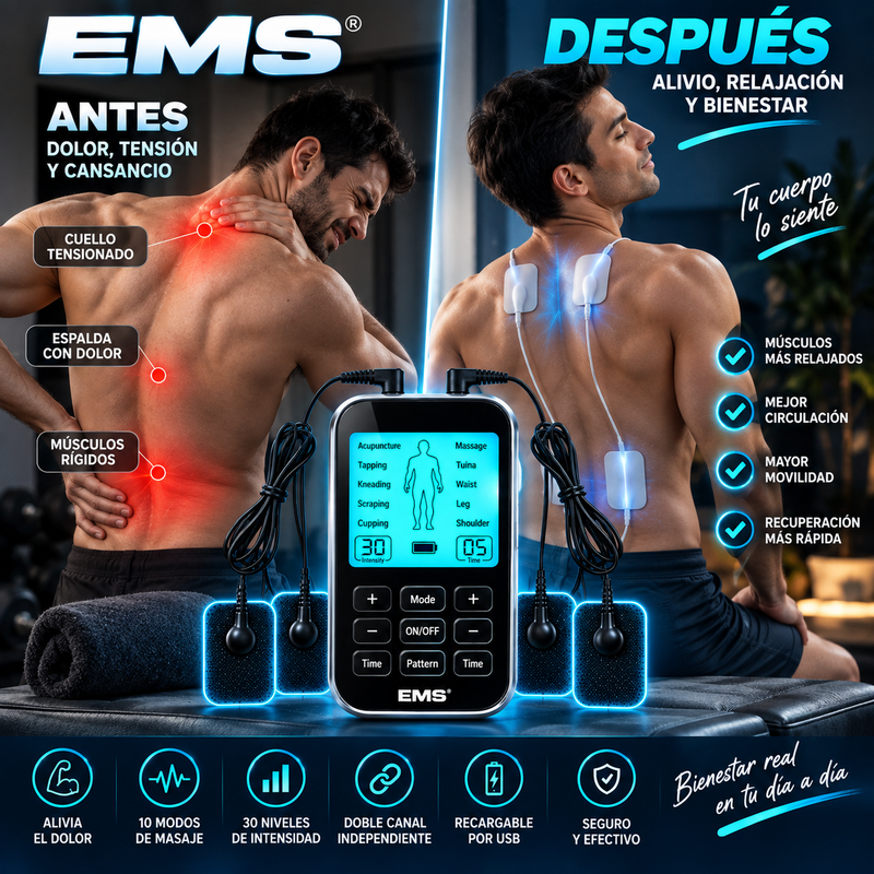 EMS® Dispositivo compacto y recargable de masaje muscular: 10 modos, doble canal, 30 niveles de intensidad, 10 electrodos; ideal para el cuello, espalda, piernas y brazos. Recupera tus músculos y elimina el dolor con 5 minutos de aplicación