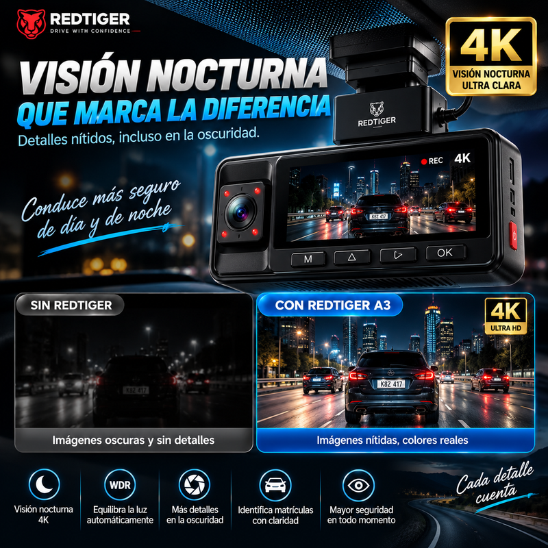 REDTIGER A3 Dash cam WiFi de varios canales (frontal, trasera e interior) con tarjeta SD de 128 GB; cámara para coche con resolución 2.5K + 1080P, sensor G, modo de aparcamiento 24 horas y resolucion nocturna en 4k.