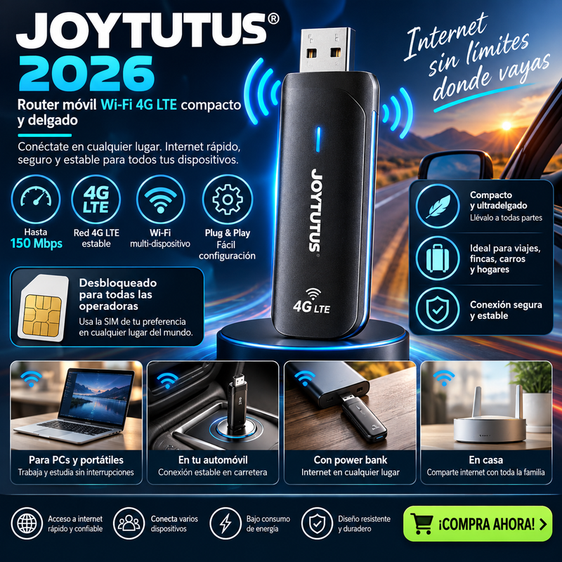 JOYTUTUS 2026 Router móvil Wi-Fi 4G LTE compacto y delgado: módem USB desbloqueado de 150 Mbps, punto de acceso de fácil configuración, accesorio eléctrico para automóvil, dispositivo para PC/portátil, ideal para viajes, fincas, carros y hogares