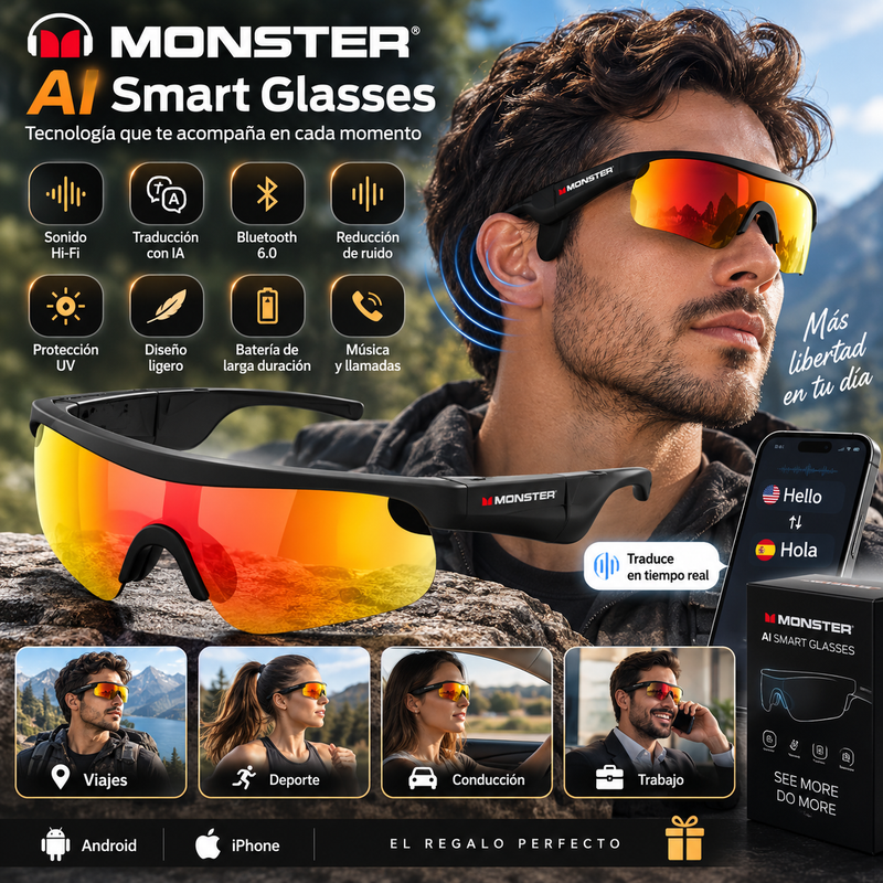 Monster AI Smart Glasses - Dispositivo wearable con Bluetooth 6.0, sonido de alta fidelidad (Hi-Fi), Traduccion con IA, reducción de ruido, protección UV, diseño ligero
