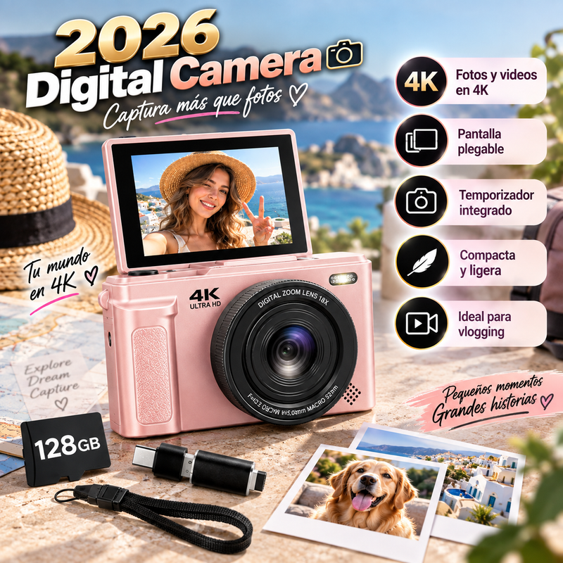 2026 Digital Camara para fotografía 2026, cámara portátil para vlogging con pantalla plegable, tarjeta SD de 128 GB, correa de muñeca y temporizador; graba vídeos fluidos. Captura cualquier momento en 4k Vintage