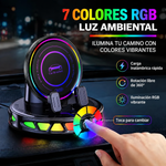 CarBracket™️  Cargador para teléfono de coche con carga inalámbrica y rotación de 360°  iluminación ambiental RGB — Succión ultraestable, bloqueo automático, apto para salpicadero y parabrisas, compatible con iPhone y Android