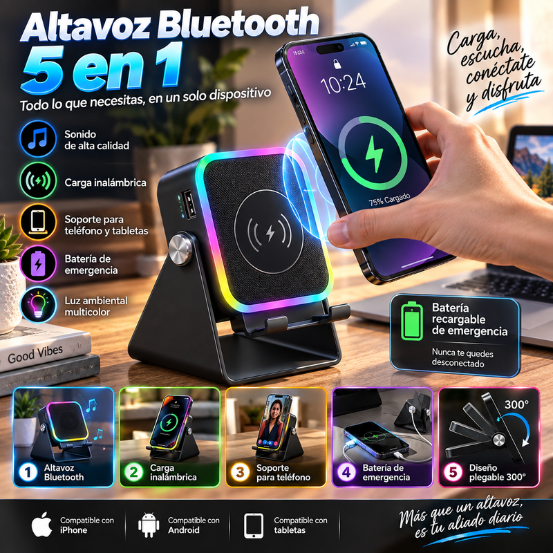 Altavoz JBL Bluetooth 5 en 1 con inducción inalámbrica, soporte para teléfono, batería recargable de emergencia, luz ambiental multicolor y diseño plegable de 300° (compatible con tabletas, iPhone y Android)