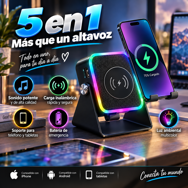 Altavoz JBL Bluetooth 5 en 1 con inducción inalámbrica, soporte para teléfono, batería recargable de emergencia, luz ambiental multicolor y diseño plegable de 300° (compatible con tabletas, iPhone y Android)