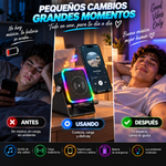 Altavoz JBL Bluetooth 5 en 1 con inducción inalámbrica, soporte para teléfono, batería recargable de emergencia, luz ambiental multicolor y diseño plegable de 300° (compatible con tabletas, iPhone y Android)