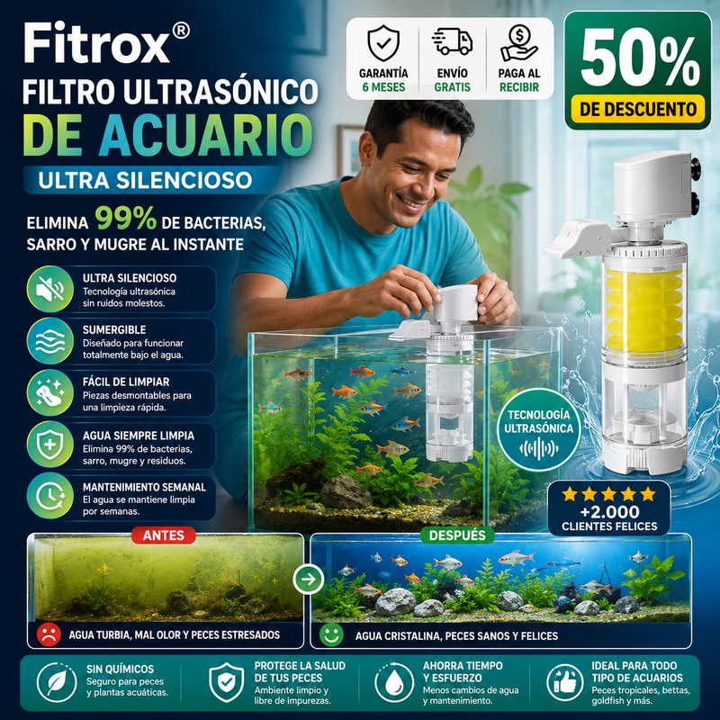 Fitrox® Filtro ultrasónico de acuario ultra silencioso – Elimina 99% de bacterias, sarro y mugre al instante
