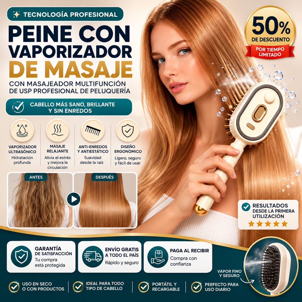 LisoPRO® Peine con vaporizador de masaje con masajeador multifunción de uso profesional de peluquería