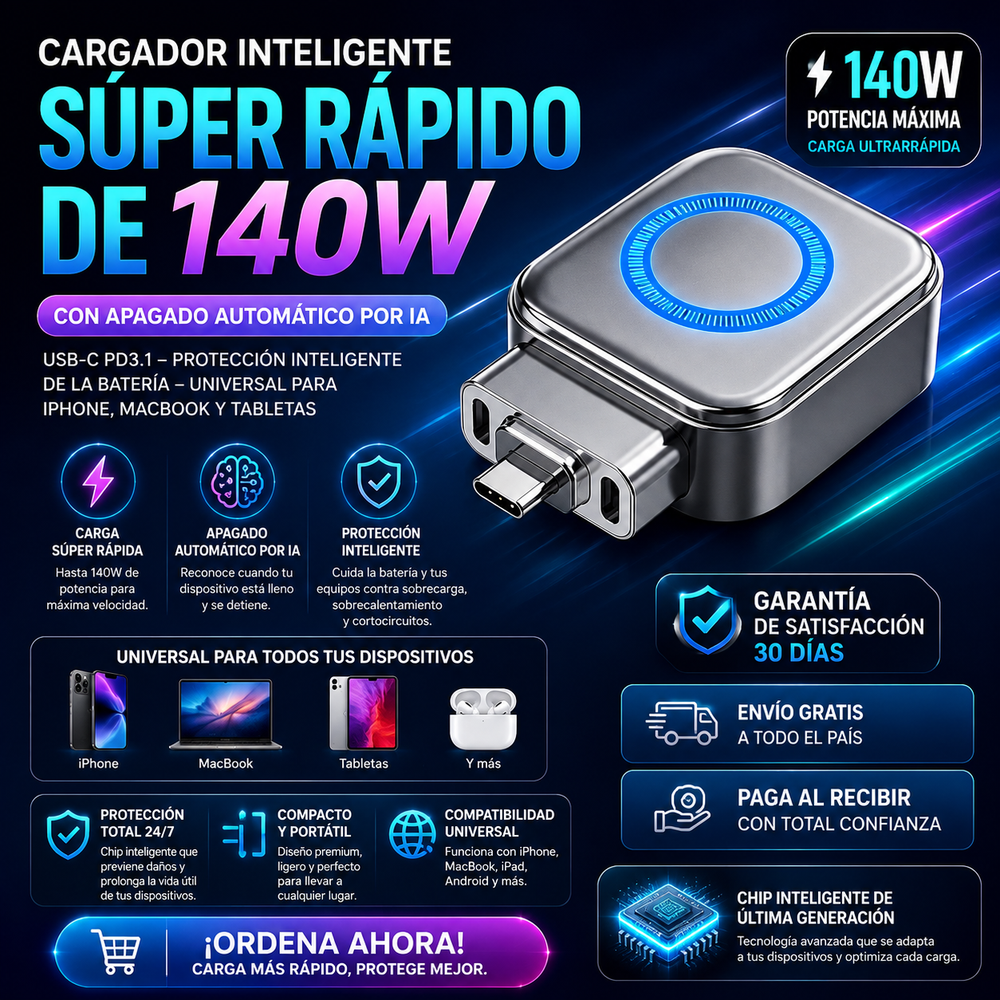 Cargador inteligente súper rápido de 140 W con apagado automático por IA – USB-C PD3.1 – Protección inteligente de la batería – Universal para iPhone, MacBook y tabletas