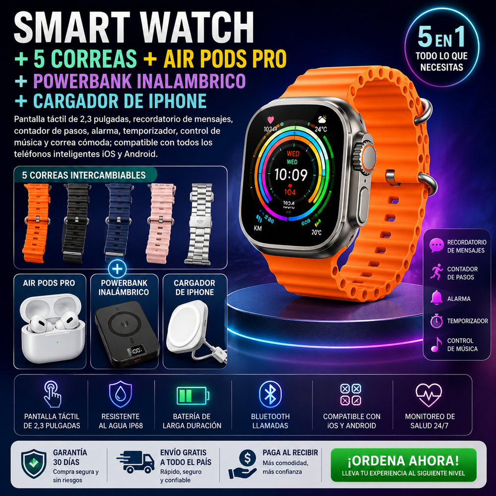 Smart Watch + 5 correas + Air Pods Pro + powerbank inalambrico + cargador de iphone para hombres y mujeres