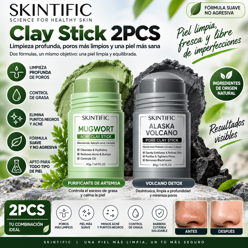 SKINTIFIC®  Clay Stick 2PCS(purificante de artemisa) / Volcano Detox (desintoxicante volcánico) / Bright Boost (iluminador y uniformador del tono); limpieza profunda de poros, control de grasa y fórmula no agresiva.
