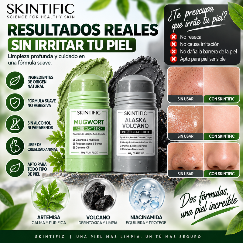 SKINTIFIC®  Clay Stick 2PCS(purificante de artemisa) / Volcano Detox (desintoxicante volcánico) / Bright Boost (iluminador y uniformador del tono); limpieza profunda de poros, control de grasa y fórmula no agresiva.