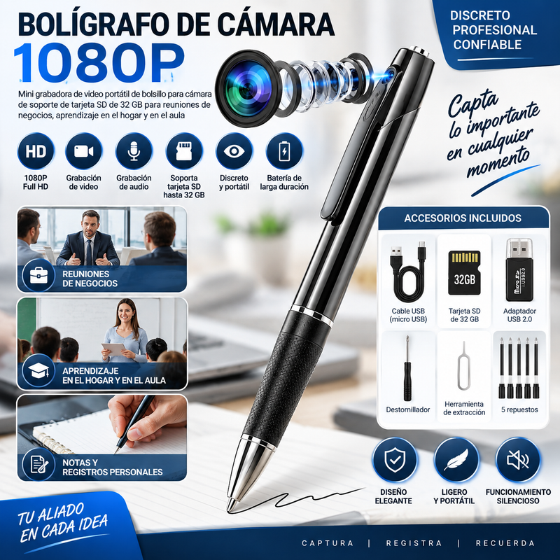 Bolígrafo de lujo con cámara 1080P-Mini grabadora de video portátil de bolsillo para cámara de soporte de tarjeta SD de 32 GB para reuniones de negocios, aprendizaje en el hogar y en el aula