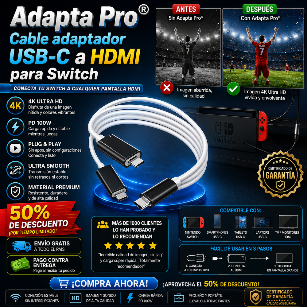 Adapta Pro®️ Cable adaptador USB-C a HDMI para Switch