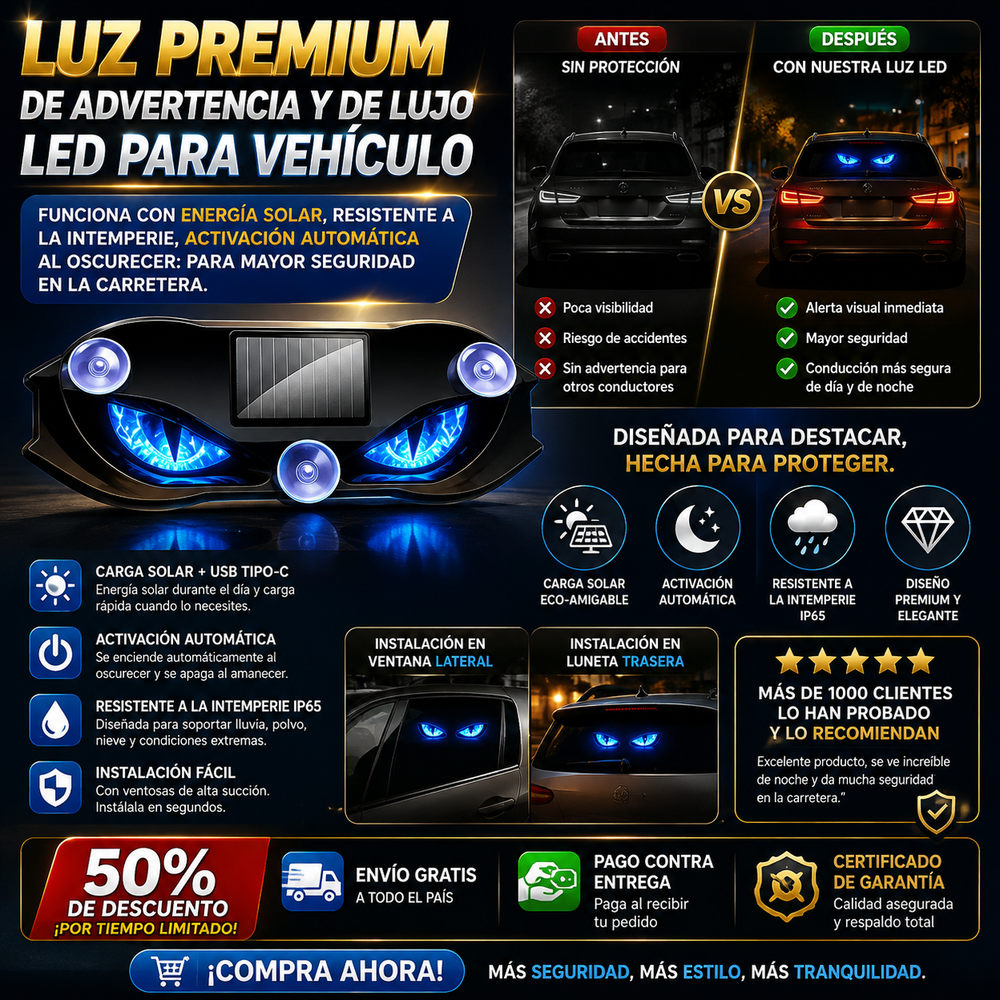 Luz premium de advertencia y de lujo LED para vehiculo Funciona con energía solar, resistente a la intemperie, activación automática al oscurecer: para mayor seguridad en la carretera.