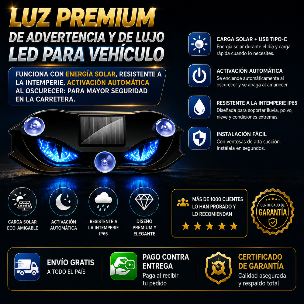 Luz premium de advertencia y de lujo LED para vehiculo Funciona con energía solar, resistente a la intemperie, activación automática al oscurecer: para mayor seguridad en la carretera.