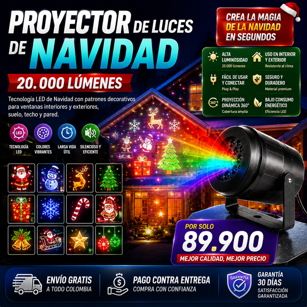 Proyector de luces de Navidad de 20.000 lumenes para interiores y exteriores, teconologia LED de Navidad con patrones decorativos de Navidad para ventanas interiores y exteriores, suelo, techo y pared