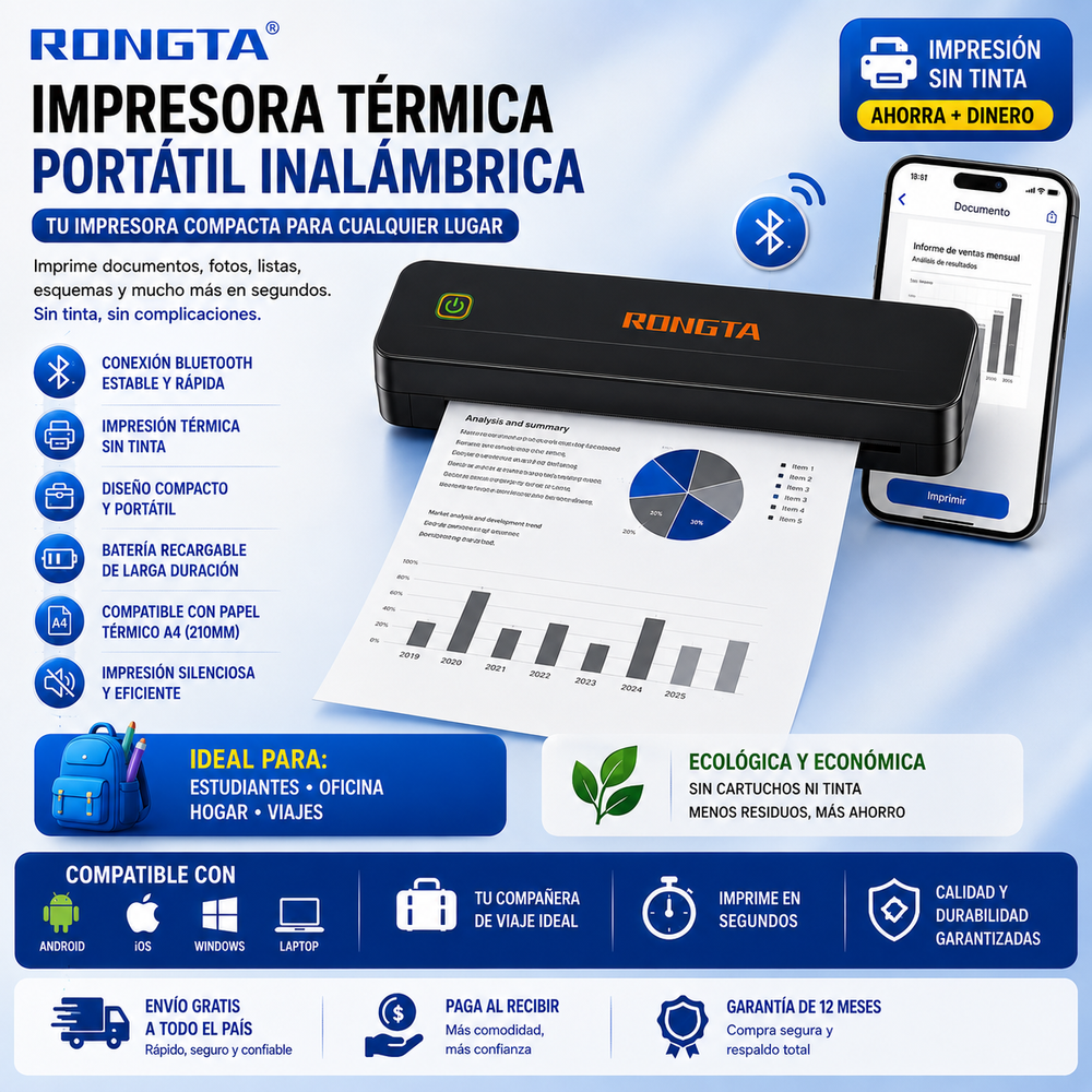 Rongta® Impresora térmicas portátil inalámbrica para viajes, impresora móvil Bluetooth, impresora sin tinta para uso escolar, oficina, hogar, compatible con Android, iOS y laptop