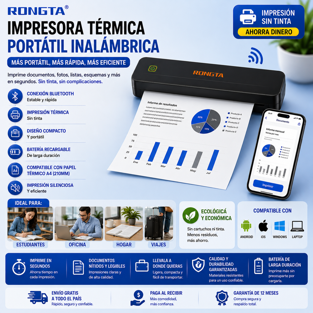 Rongta® Impresora térmicas portátil inalámbrica para viajes, impresora móvil Bluetooth, impresora sin tinta para uso escolar, oficina, hogar, compatible con Android, iOS y laptop