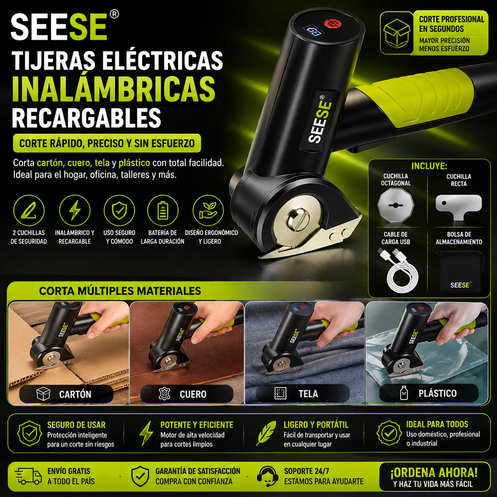 Tijeras eléctricas inalámbricas recargables: Corta cartón, cuero, tela y plástico, cortador eléctrico de caja de cartón con 2 cuchillas de seguridad y bolsa de almacenamiento SEESE®