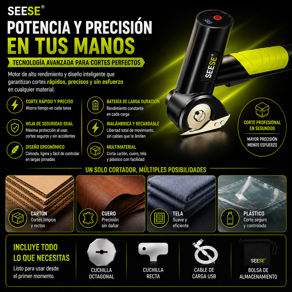 Tijeras eléctricas inalámbricas recargables: Corta cartón, cuero, tela y plástico, cortador eléctrico de caja de cartón con 2 cuchillas de seguridad y bolsa de almacenamiento SEESE®