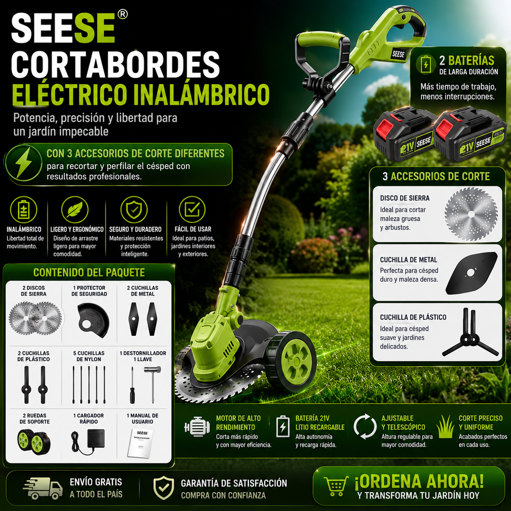 Cortabordes eléctrico inalámbrico con accesorios de corte diferentes para recortar y perfilar el césped, incluye 2 baterías y diseño de arrastre ligero; ideal para patios y jardines interiores y exteriores SEESE®