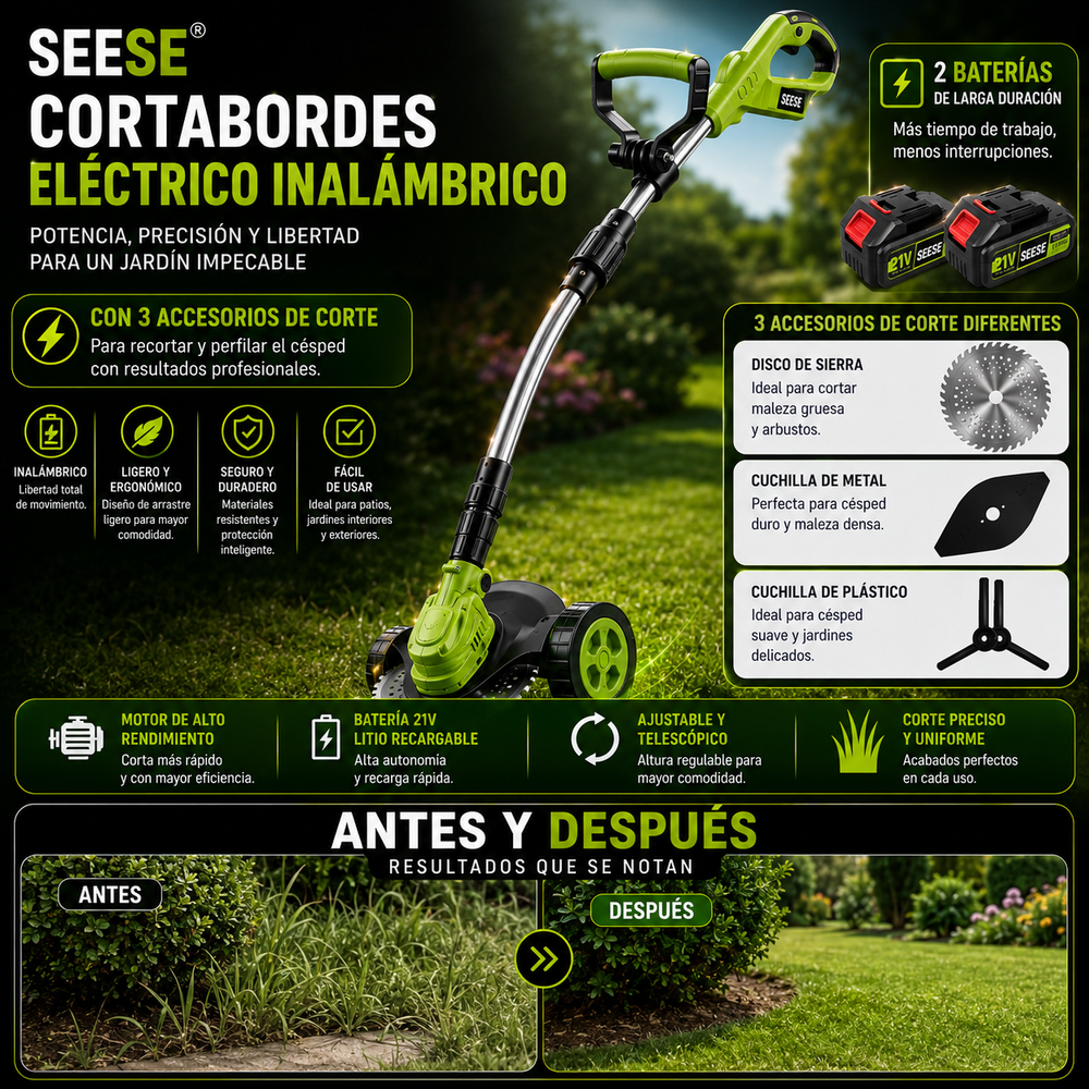 Cortabordes eléctrico inalámbrico con accesorios de corte diferentes para recortar y perfilar el césped, incluye 2 baterías y diseño de arrastre ligero; ideal para patios y jardines interiores y exteriores SEESE®