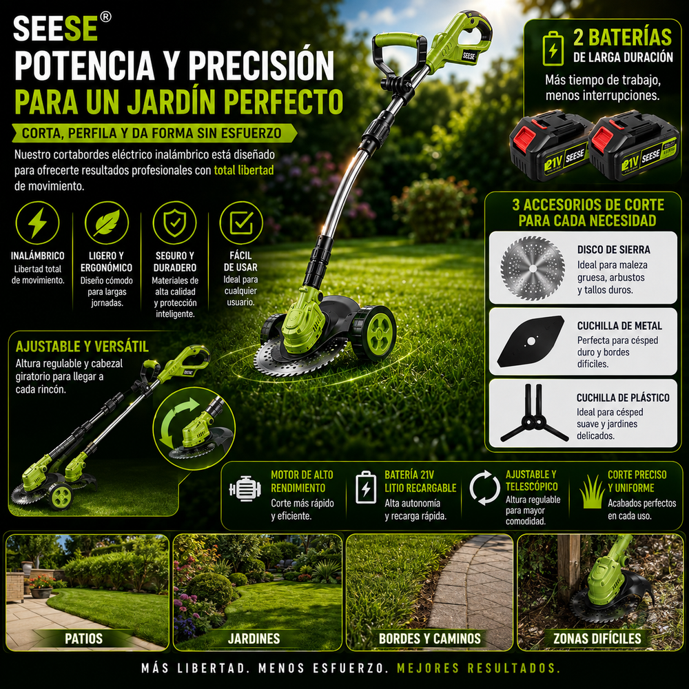 Cortabordes eléctrico inalámbrico con accesorios de corte diferentes para recortar y perfilar el césped, incluye 2 baterías y diseño de arrastre ligero; ideal para patios y jardines interiores y exteriores SEESE®