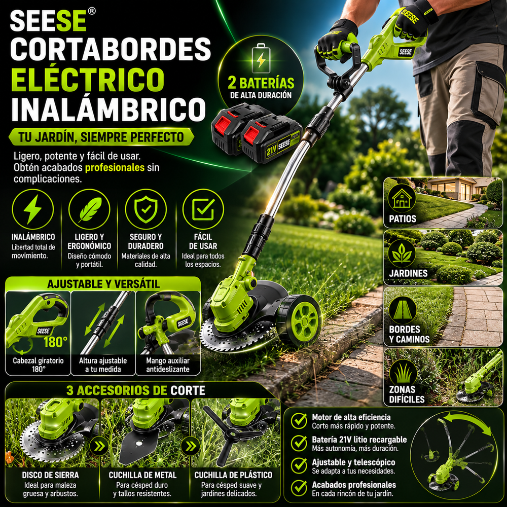 Cortabordes eléctrico inalámbrico con accesorios de corte diferentes para recortar y perfilar el césped, incluye 2 baterías y diseño de arrastre ligero; ideal para patios y jardines interiores y exteriores SEESE®