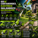 Cortabordes eléctrico inalámbrico con accesorios de corte diferentes para recortar y perfilar el césped, incluye 2 baterías y diseño de arrastre ligero; ideal para patios y jardines interiores y exteriores SEESE®