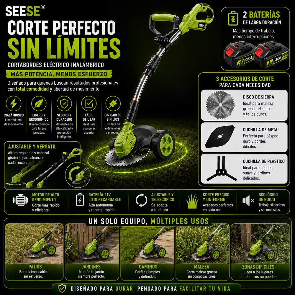 Cortabordes eléctrico inalámbrico con accesorios de corte diferentes para recortar y perfilar el césped, incluye 2 baterías y diseño de arrastre ligero; ideal para patios y jardines interiores y exteriores SEESE®