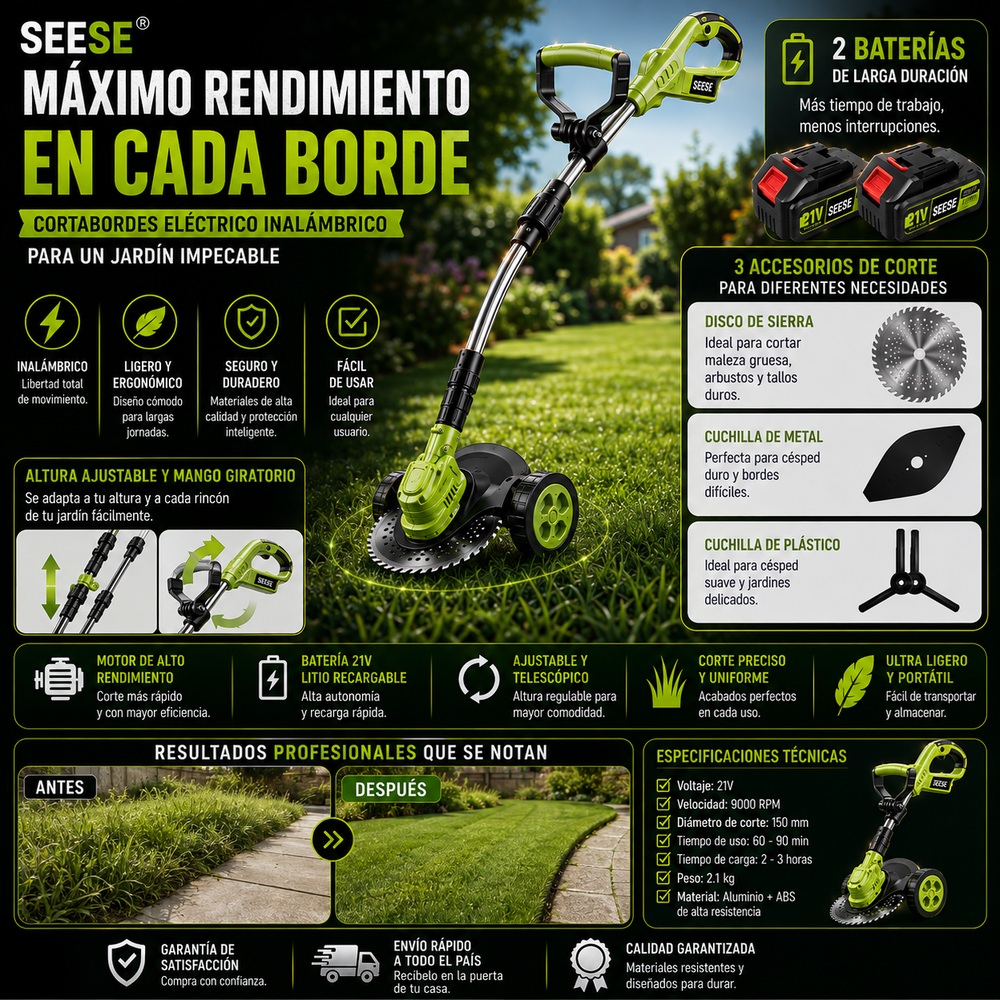 Cortabordes eléctrico inalámbrico con accesorios de corte diferentes para recortar y perfilar el césped, incluye 2 baterías y diseño de arrastre ligero; ideal para patios y jardines interiores y exteriores SEESE®