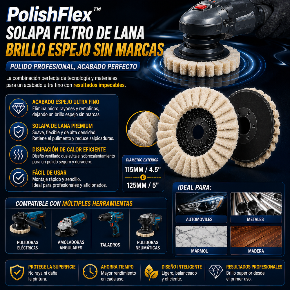 PolishFlex™️ – Disco de pulido con solapa filtro de lana con acabado espejo ultra fino