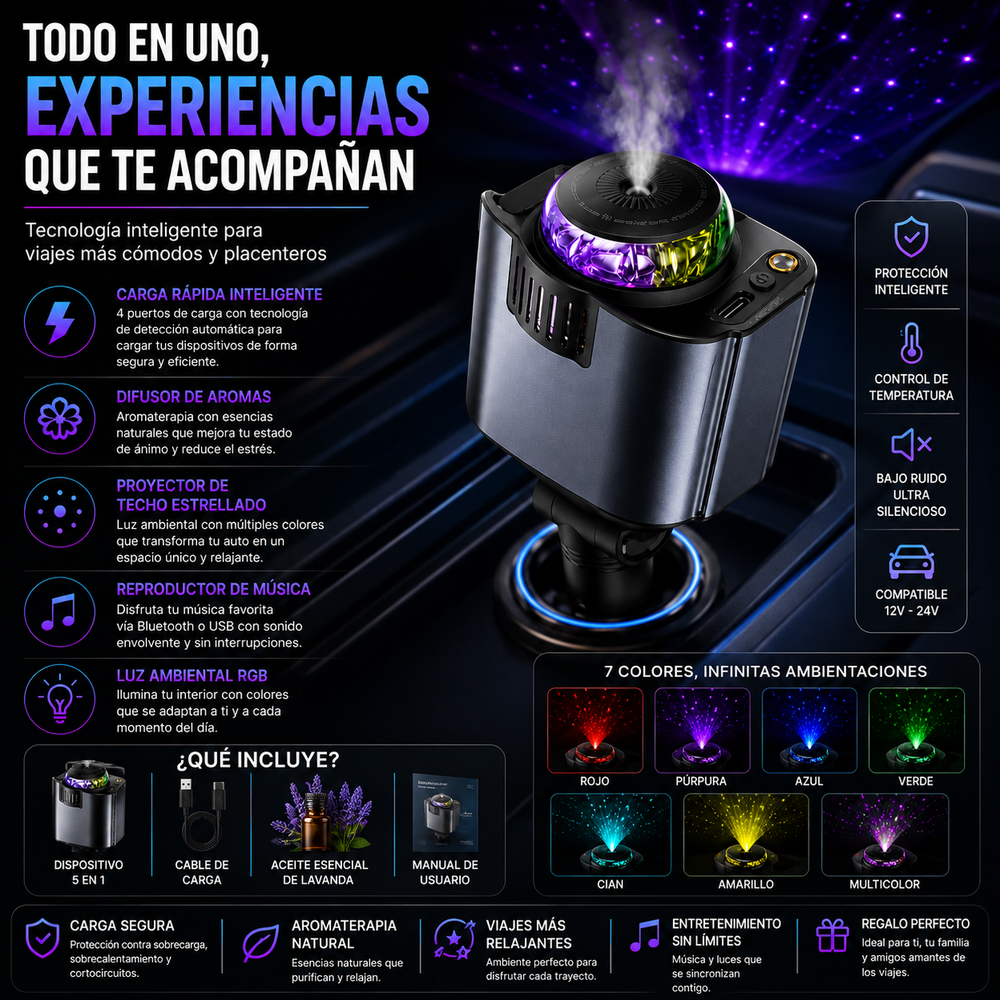 CargaMAX®️ - Cargador 5 en 1, difusor de aromas y techo estrellado