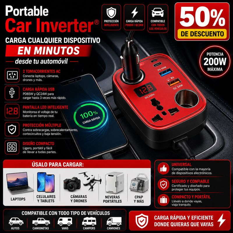 Portable Car Inverter® Carga cualquier dispositivo en minutos desde tu automóvil
