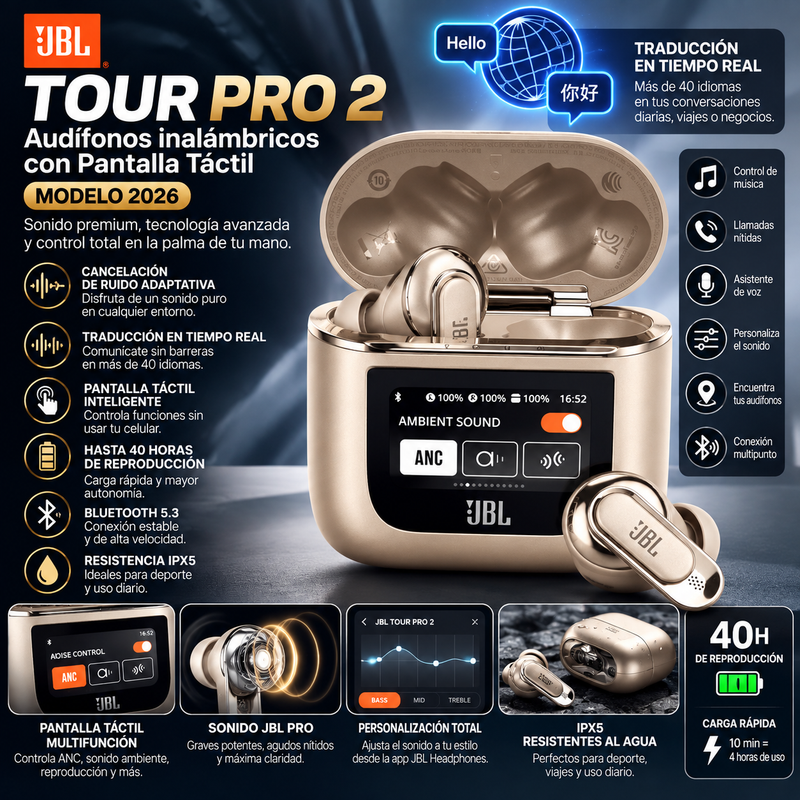 Audífonos JBL Tour Pro 2 con Pantalla Táctil inalámbricos Bluetooth con cancelación de ruido para traducción (modelo 2026)