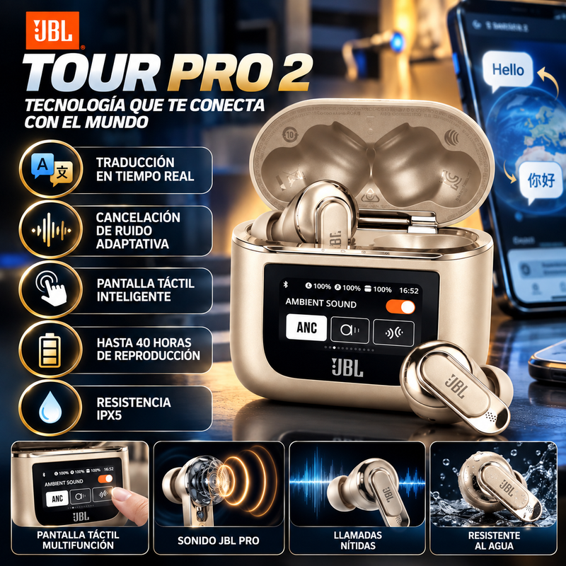 Audífonos JBL Tour Pro 2 con Pantalla Táctil inalámbricos Bluetooth con cancelación de ruido para traducción (modelo 2026)