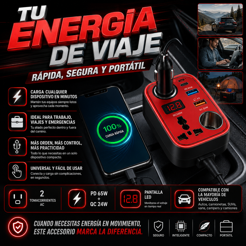 Portable Car Inverter® Carga cualquier dispositivo en minutos desde tu automóvil