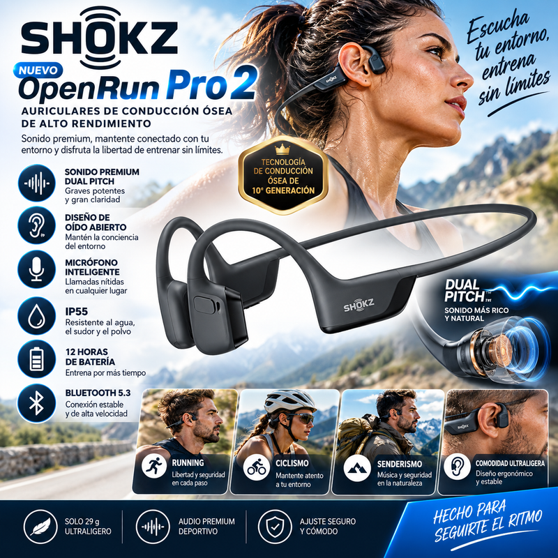 Auriculares deportivos Bluetooth de conducción ósea SHOKZ OpenRun Pro 2; sonido premium Dual Pitch; diseño de oído abierto para mantener la conciencia del entorno; micrófono inteligente