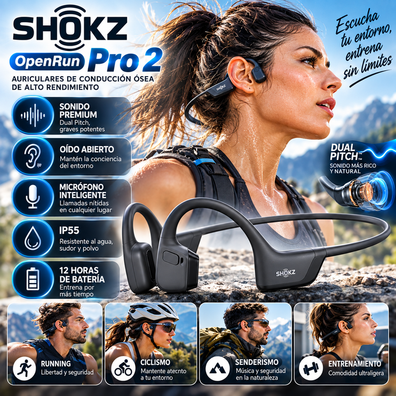 Auriculares deportivos Bluetooth de conducción ósea SHOKZ OpenRun Pro 2; sonido premium Dual Pitch; diseño de oído abierto para mantener la conciencia del entorno; micrófono inteligente
