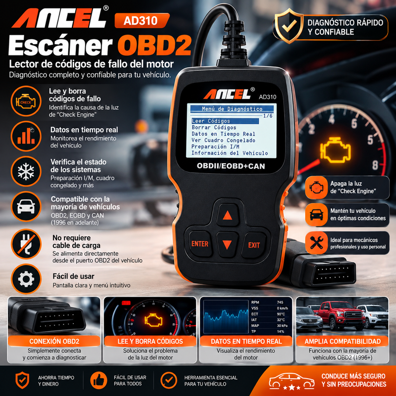 Escáner OBD2 ANCEL AD310: Lector de códigos de fallo del motor (no requiere cable de carga), diagnóstico de seguridad del vehículo, accesorios para automóviles.