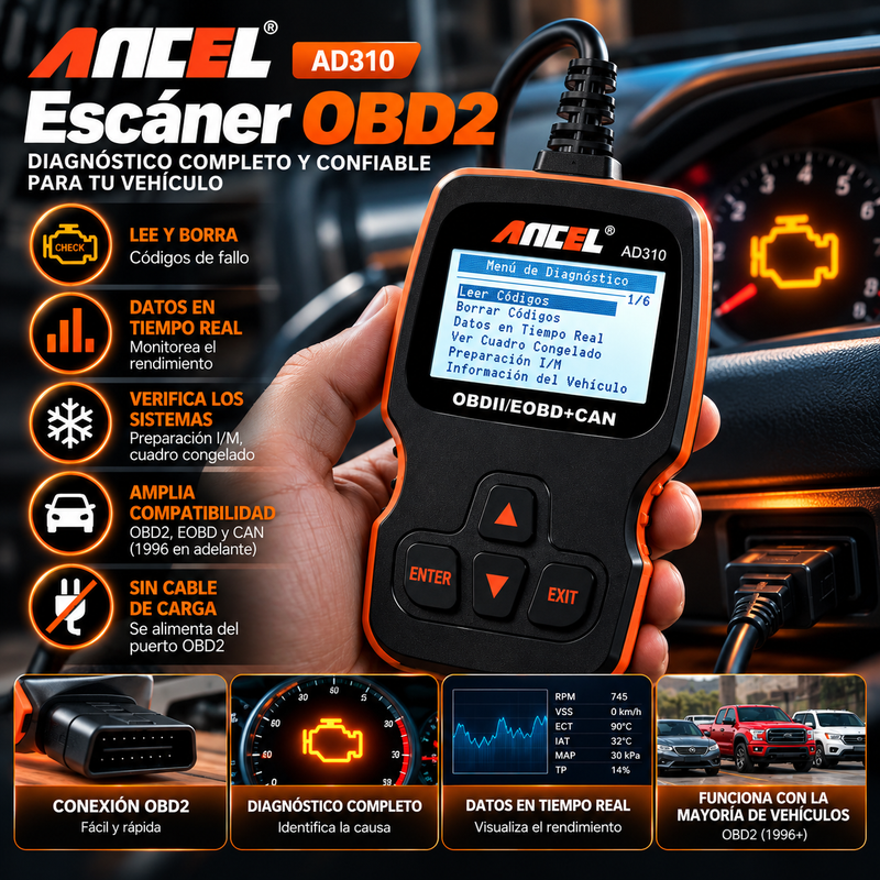 Escáner OBD2 ANCEL AD310: Lector de códigos de fallo del motor (no requiere cable de carga), diagnóstico de seguridad del vehículo, accesorios para automóviles.