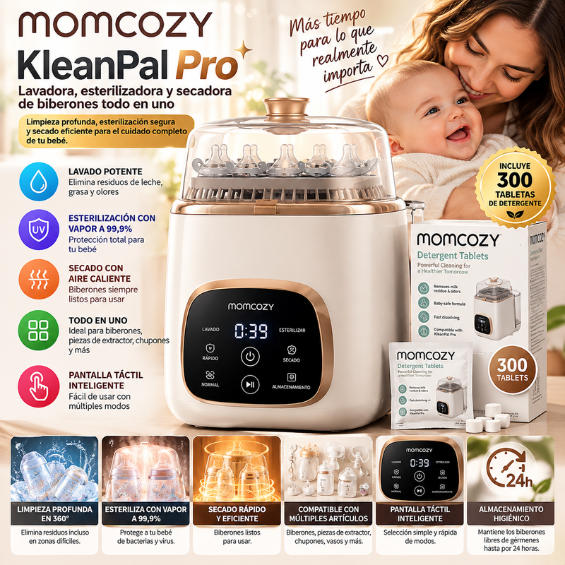 Lavadora, esterilizadora y secadora de biberones Momcozy KleanPal Pro con 300 tabletas de detergente - Máquina de limpieza todo en uno para biberones, piezas de extractor y artículos esenciales para bebés